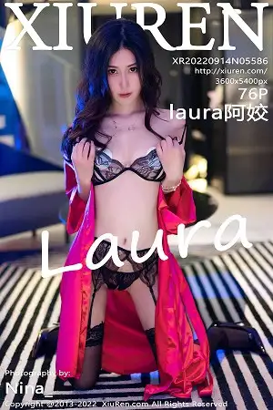 [XiuRen秀人网]No.5586 模特laura阿姣性感红色睡裙露黑色情趣内衣配蕾丝吊袜诱惑写真76P