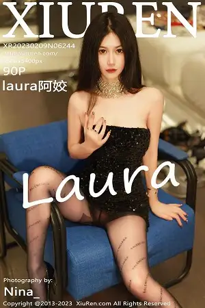 [XiuRen秀人网]No.6244 模特laura阿姣黑色露肩连衣短裙配超薄黑丝秀翘臀美腿诱惑写真90P