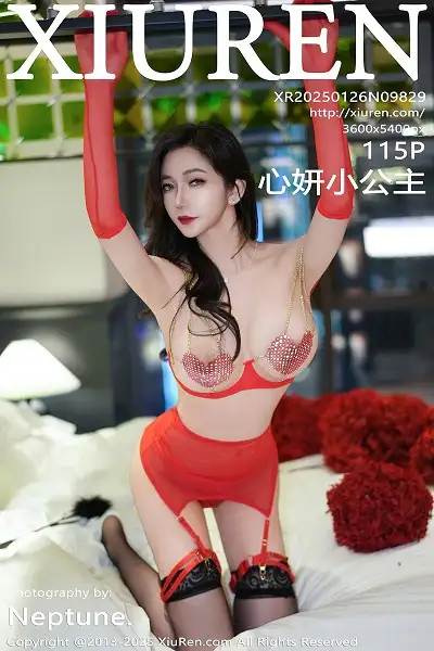[XiuRen秀人网]No.9829 女神心妍小公主性感红色轻透情趣服饰配黑丝吊袜秀翘臀诱惑写真115P